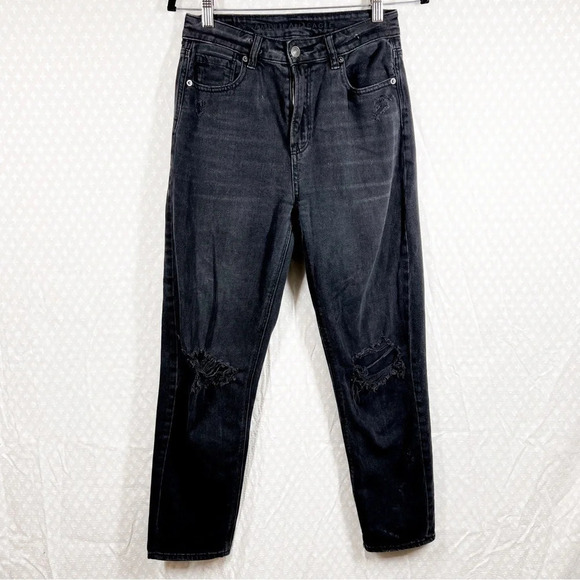 American Eagle Black Distressed High Rise Mom Straight Jeans - Picture 1 of 7